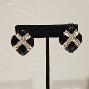 Essex Vintage Black Gold Enamel Rhinestone Clip On Earrings Women's Jewelry 80s